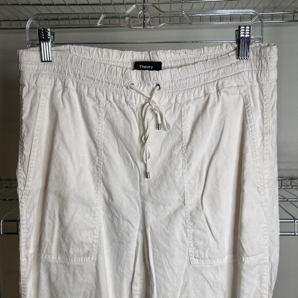Theory Women's White Linen Cropped Pants Size 6 Minimalist Drawstring Waist - Picture 7 of 11